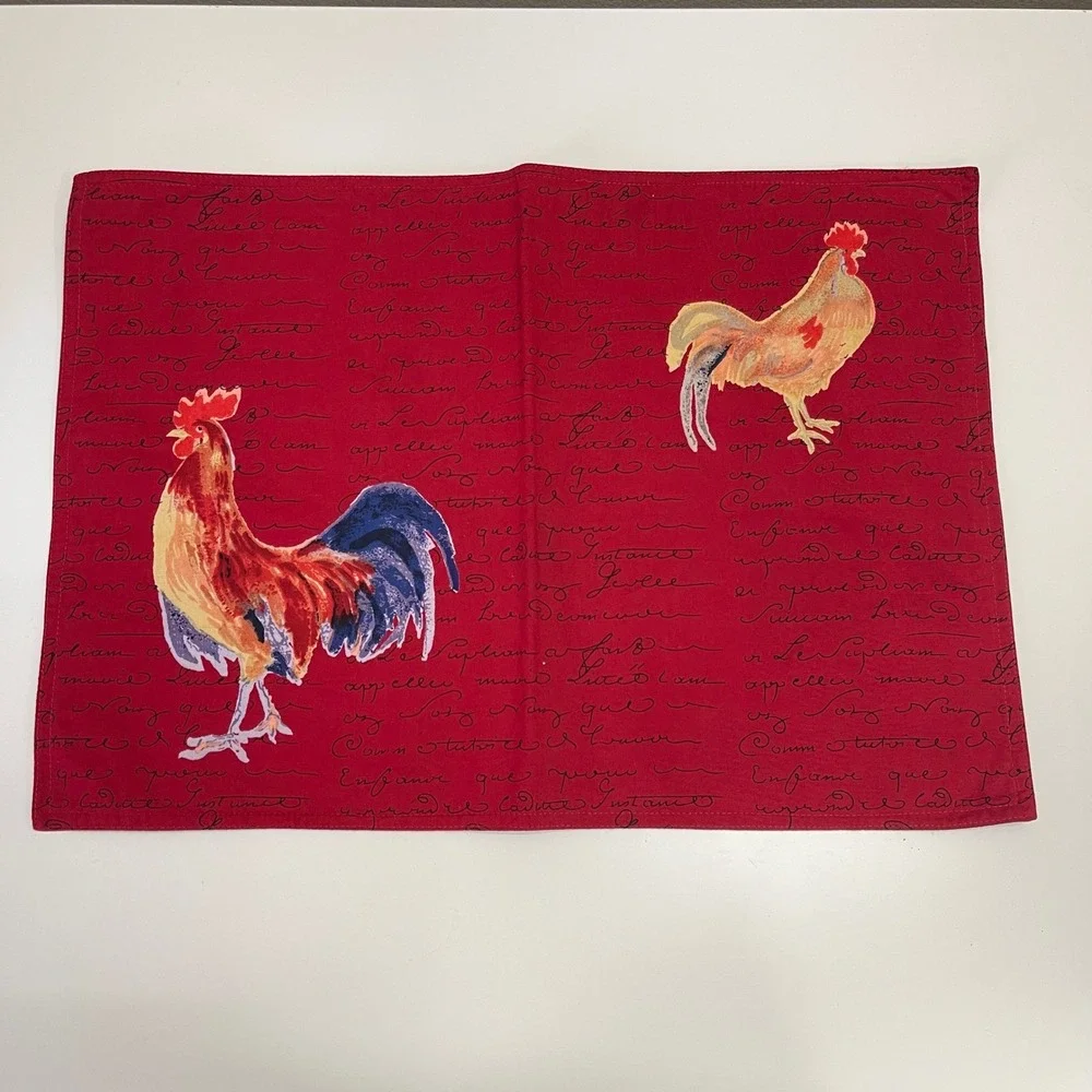 4 Williams Sonoma Placemats Rooster‎ French Script Cotton Cottage Farm Country